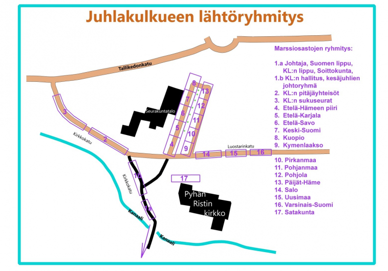 Juhlakulkueen lähtöryhmitys.